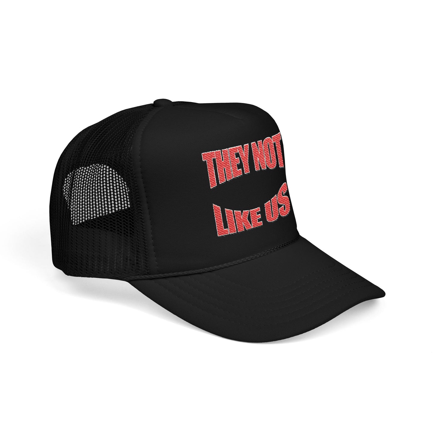 Foam trucker hat with 'THEY NOT LIKE US' embroidery, trendy casual cap for summer and outdoor events