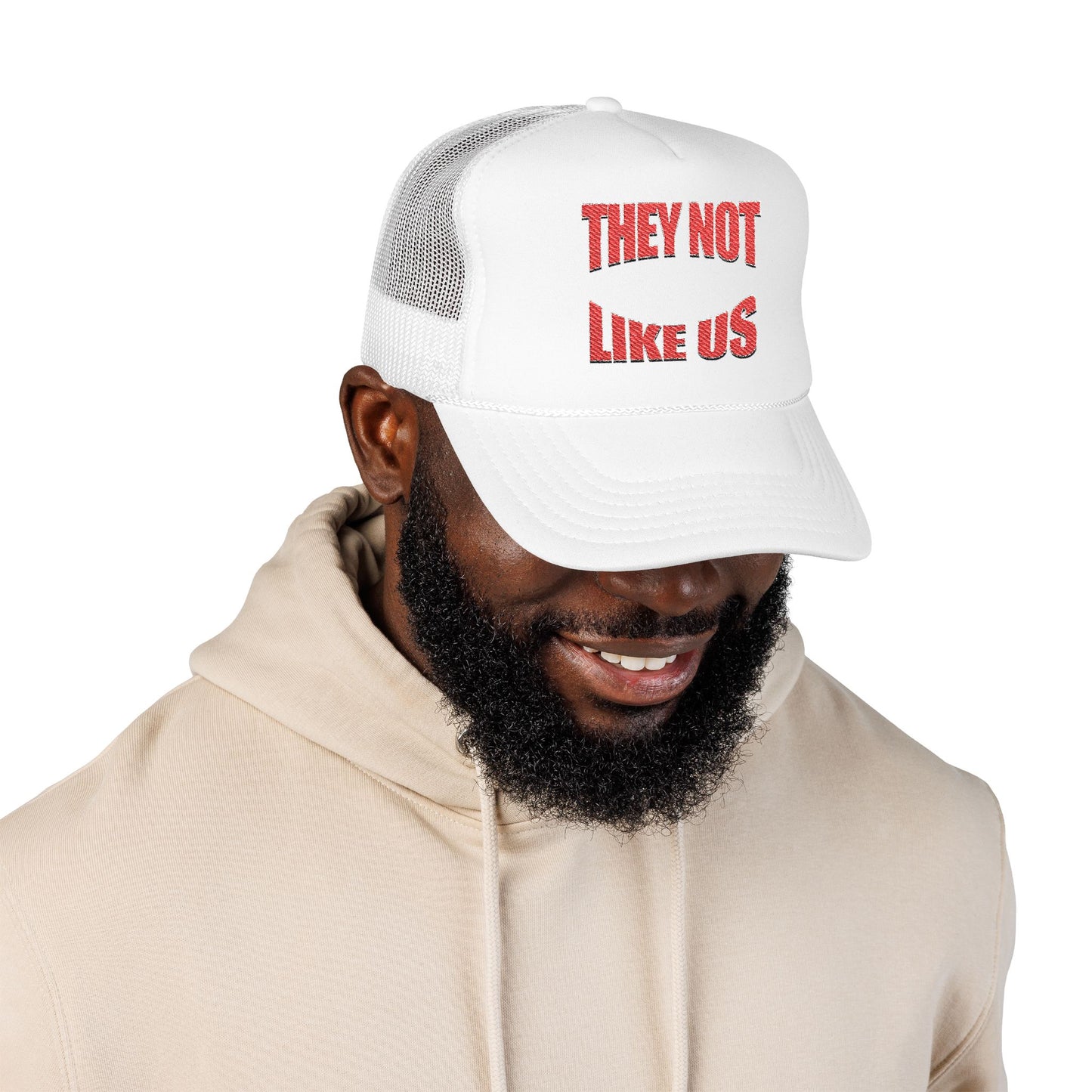 Foam trucker hat with 'THEY NOT LIKE US' embroidery, trendy casual cap for summer and outdoor events