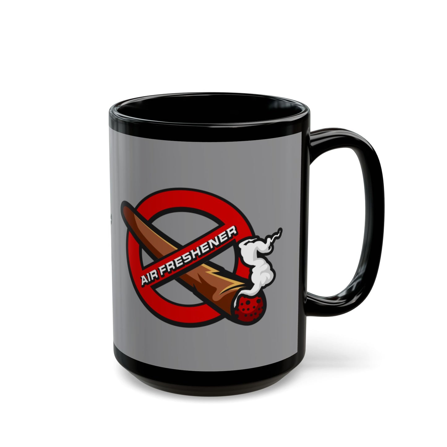 "Funny black mug with air freshener theme, quirky coffee cup for home, office, or gifting.