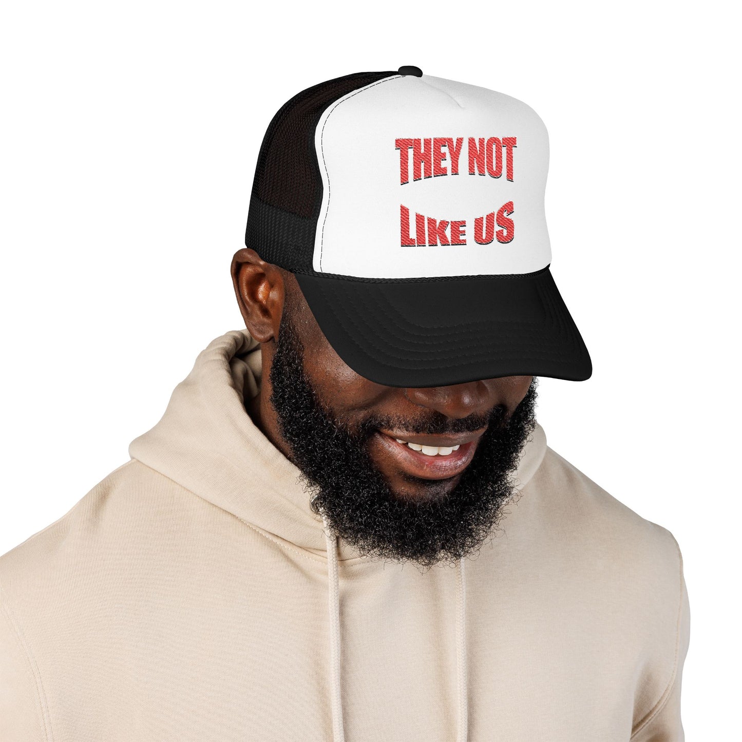 Foam trucker hat with 'THEY NOT LIKE US' embroidery, trendy casual cap for summer and outdoor events