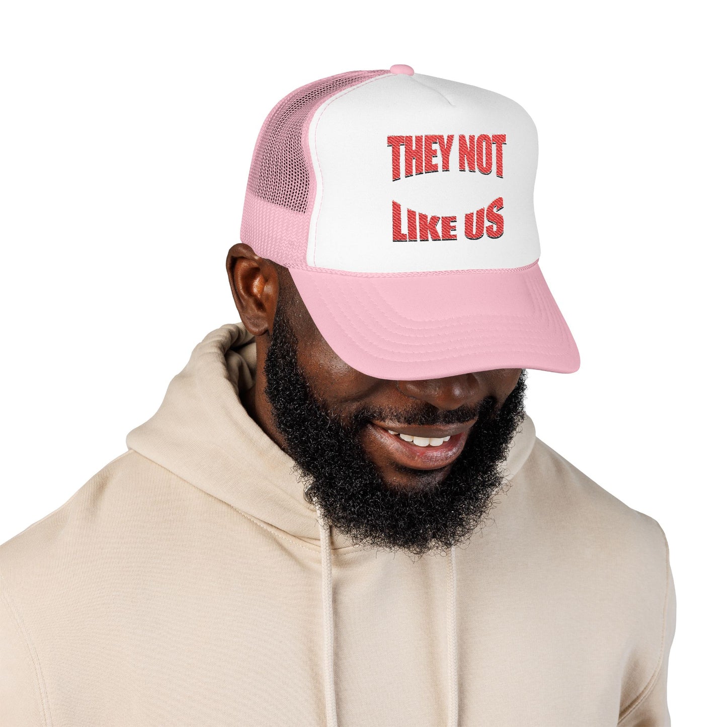 Foam trucker hat with 'THEY NOT LIKE US' embroidery, trendy casual cap for summer and outdoor events
