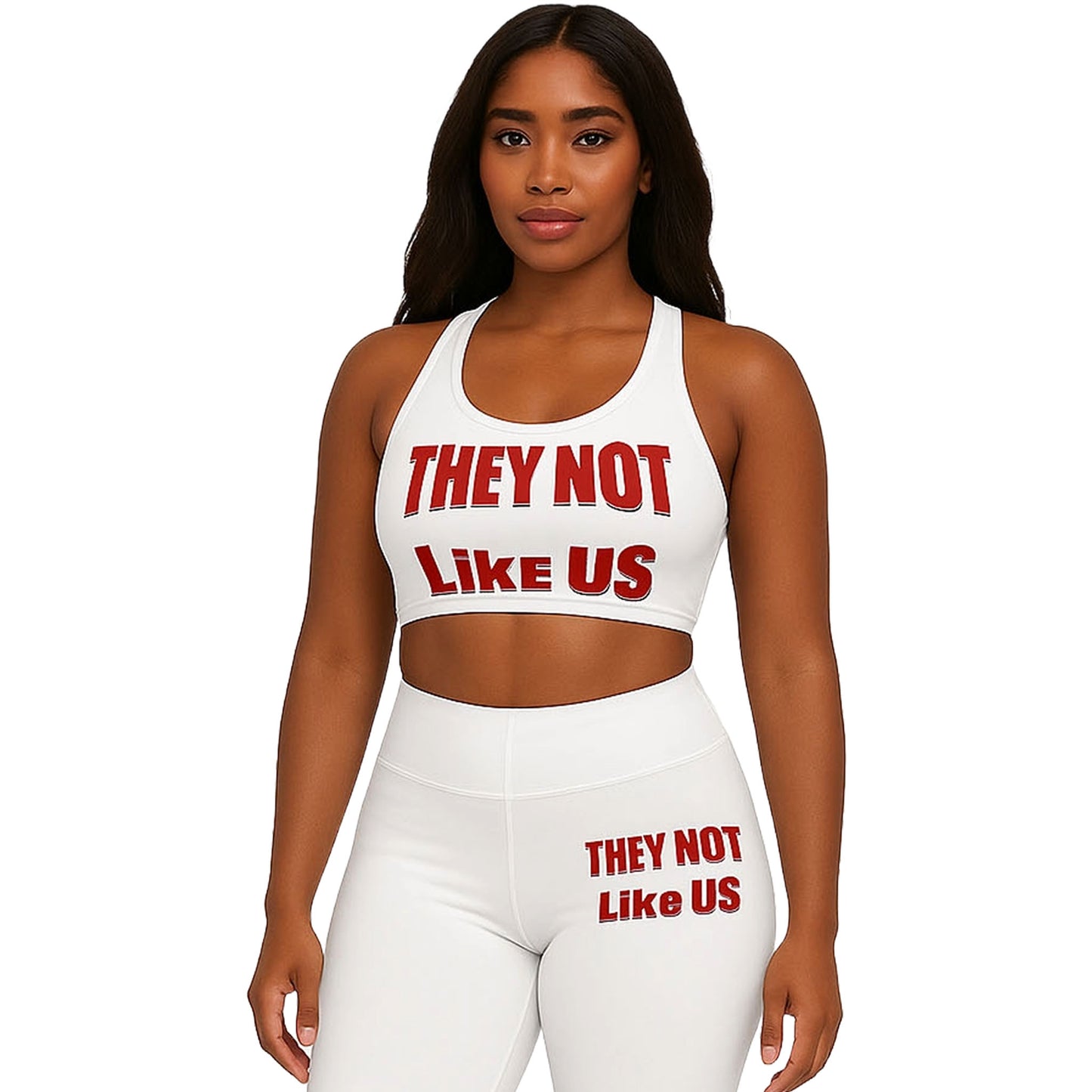 "They Not Like Us white high-waisted leggings, bold statement urban fit for casual or streetwear looks.