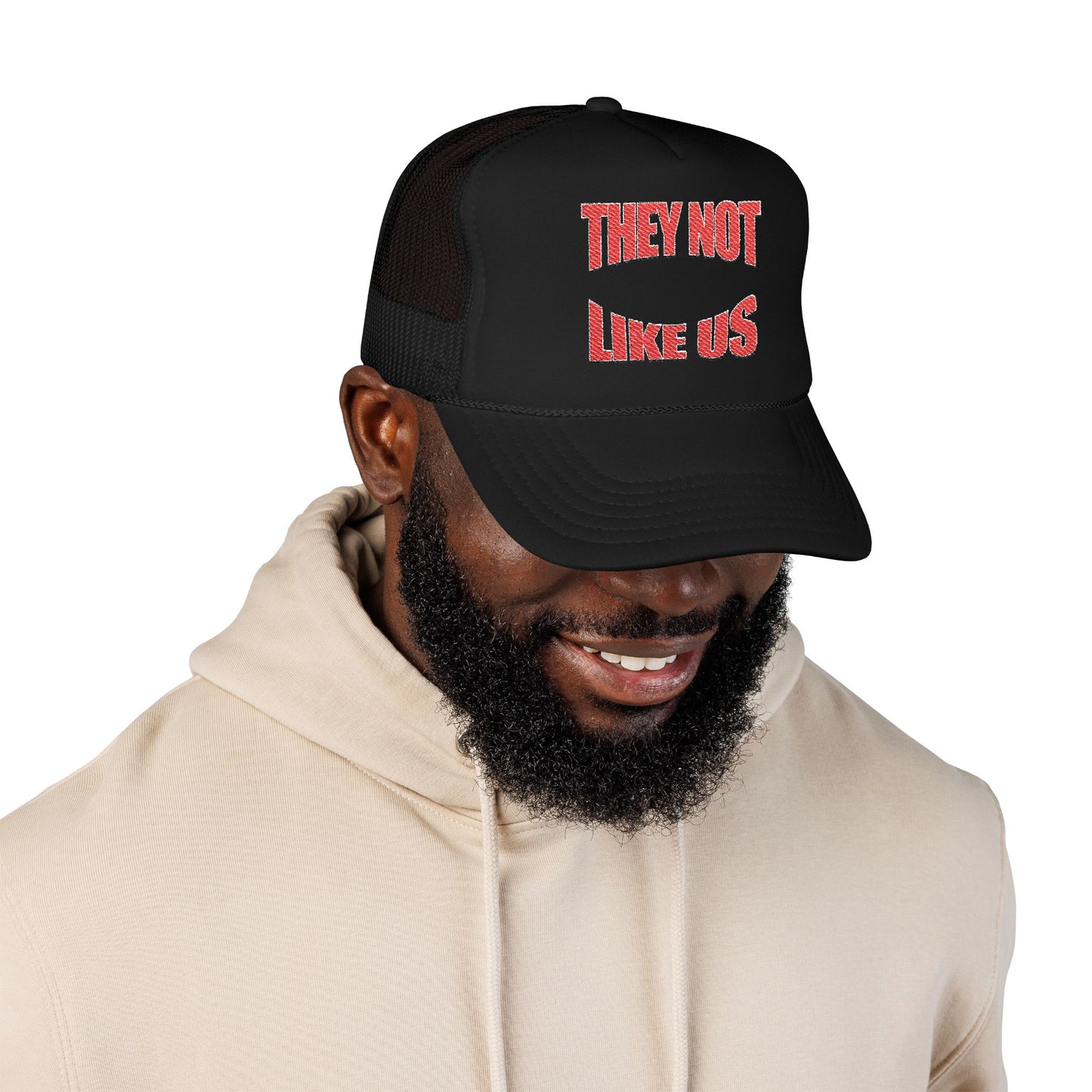 Foam trucker hat with 'THEY NOT LIKE US' embroidery, trendy casual cap for summer and outdoor events