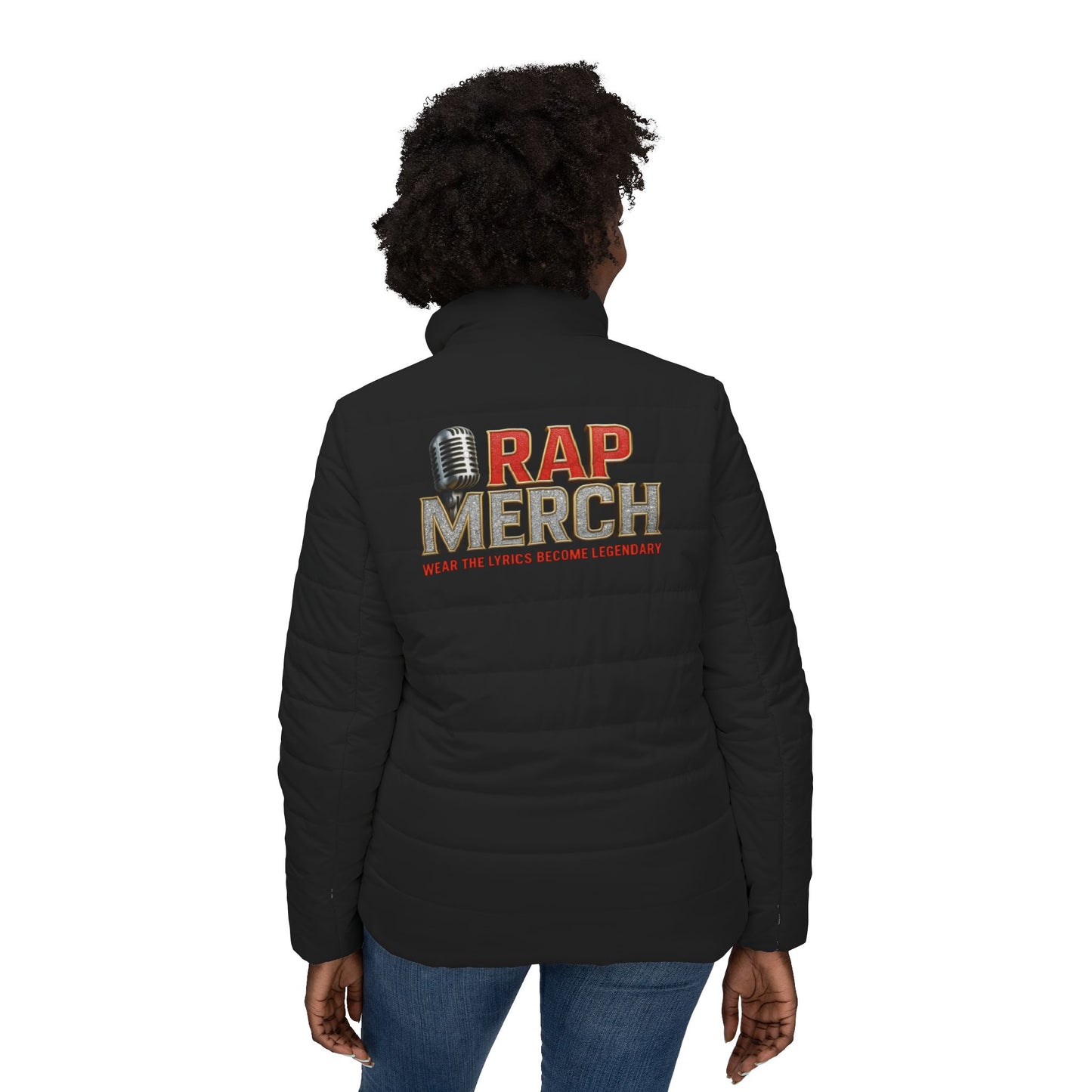 Person wearing a black jacket with 'RAP MERCH' text on the back, standing against a white background