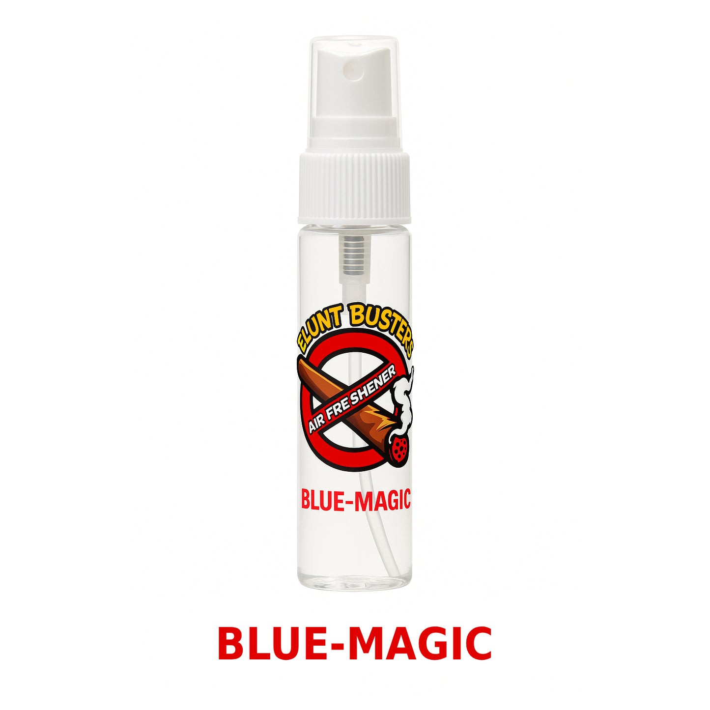 Clear spray bottle with 'Blue-Magic' branding on a white background