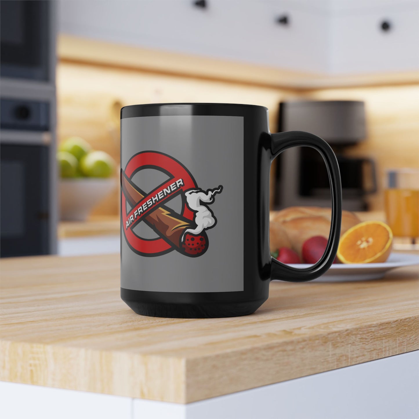 "Funny black mug with air freshener theme, quirky coffee cup for home, office, or gifting.