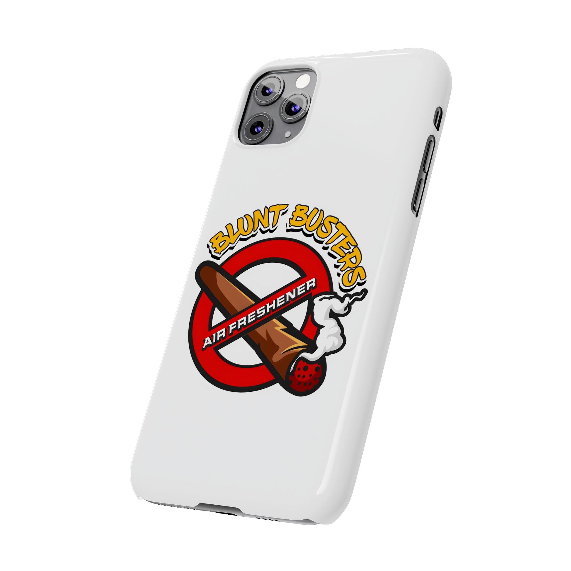 "Blunt Busters slim phone case, quirky air freshener design and fun gift for smokers."