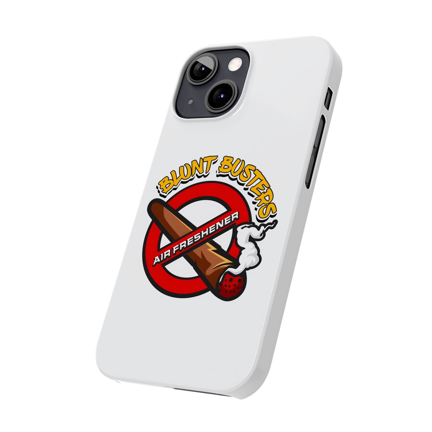 "Blunt Busters slim phone case, quirky air freshener design and fun gift for smokers."
