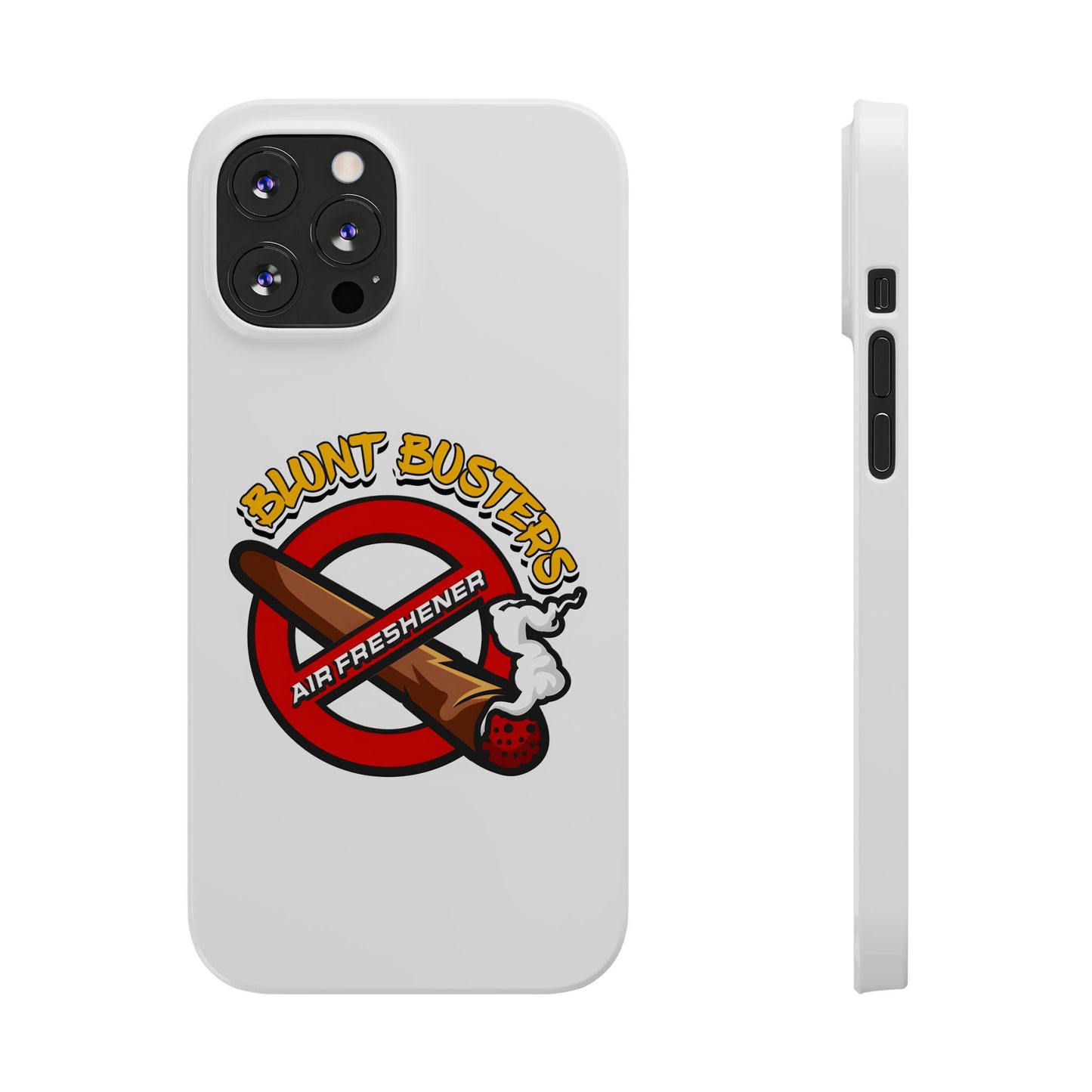 "Blunt Busters slim phone case, quirky air freshener design and fun gift for smokers."