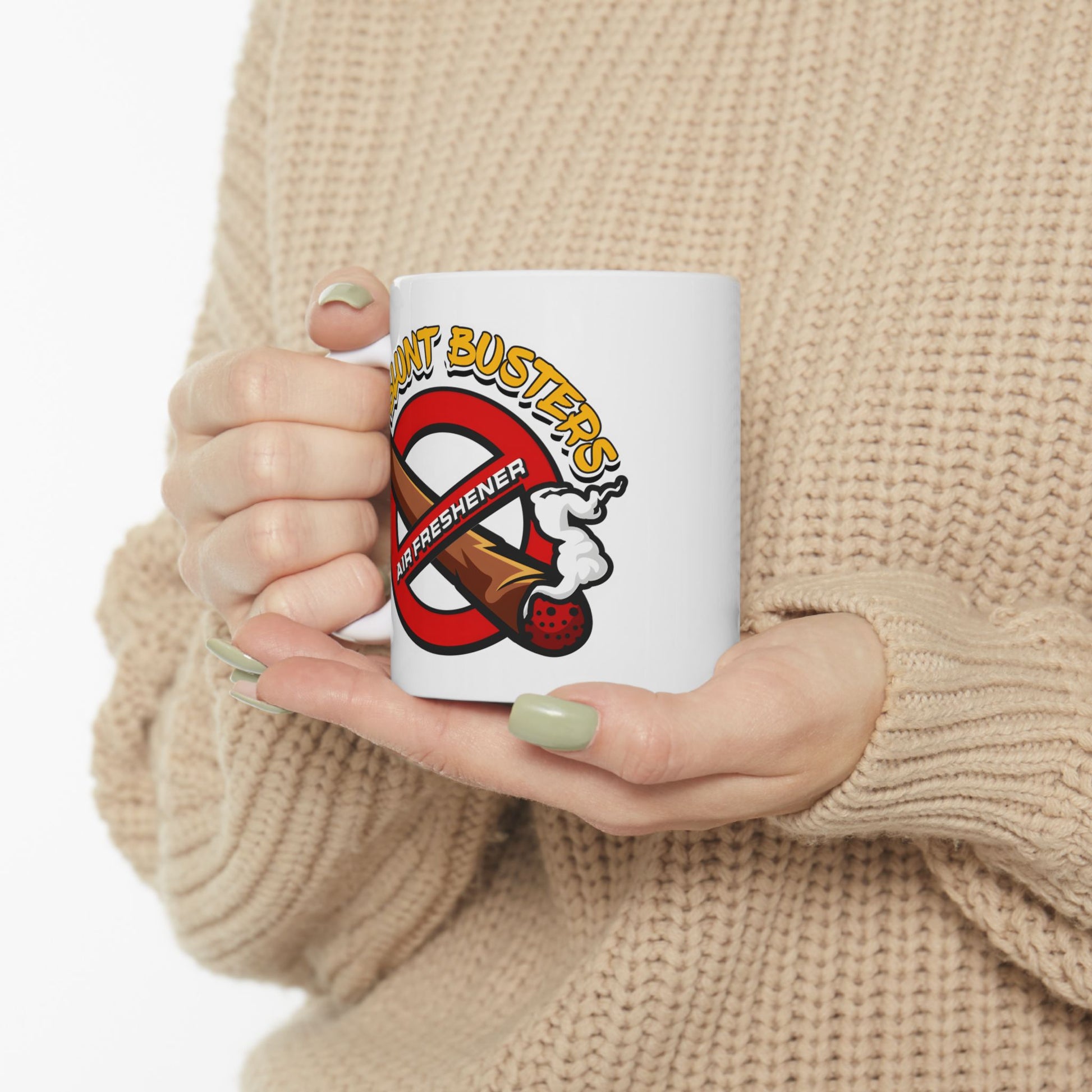 "Ghostbusters humor ceramic mug, funny coffee cup for fans, Halloween, or birthdays.