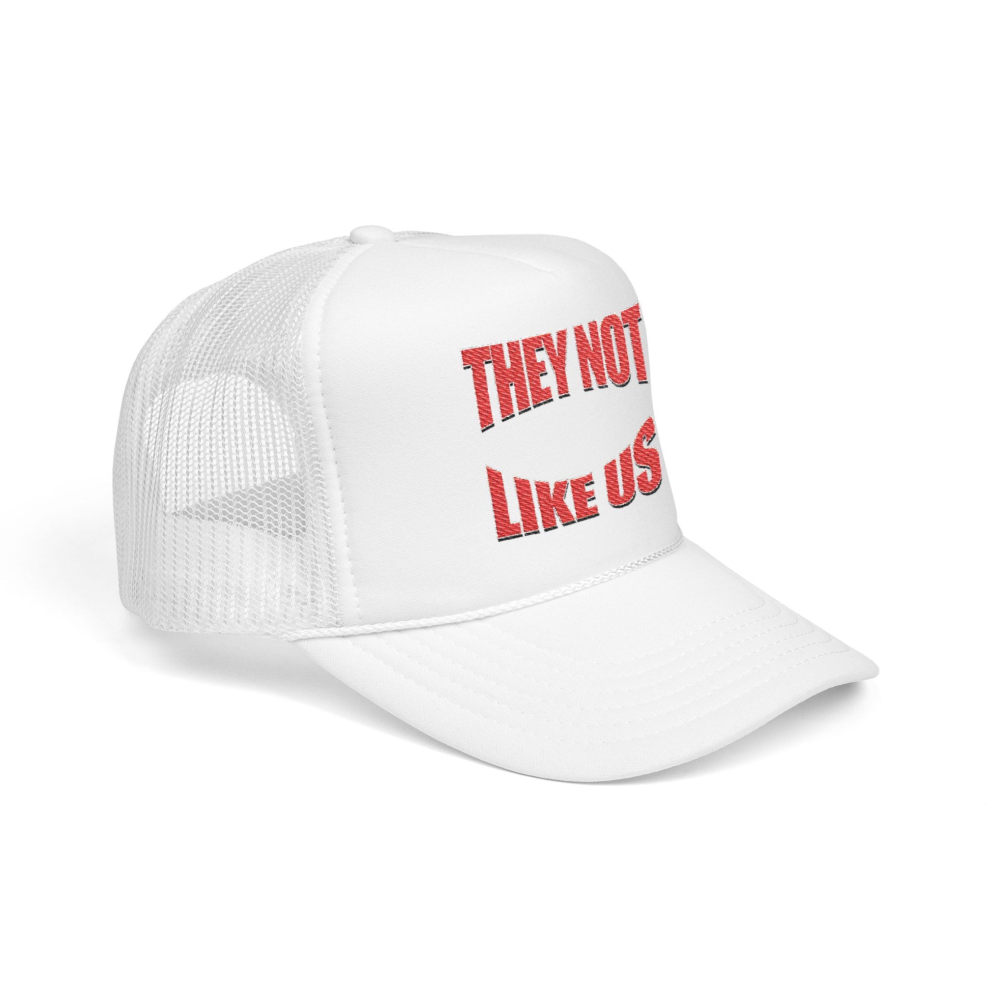 Foam trucker hat with 'THEY NOT LIKE US' embroidery, trendy casual cap for summer and outdoor events