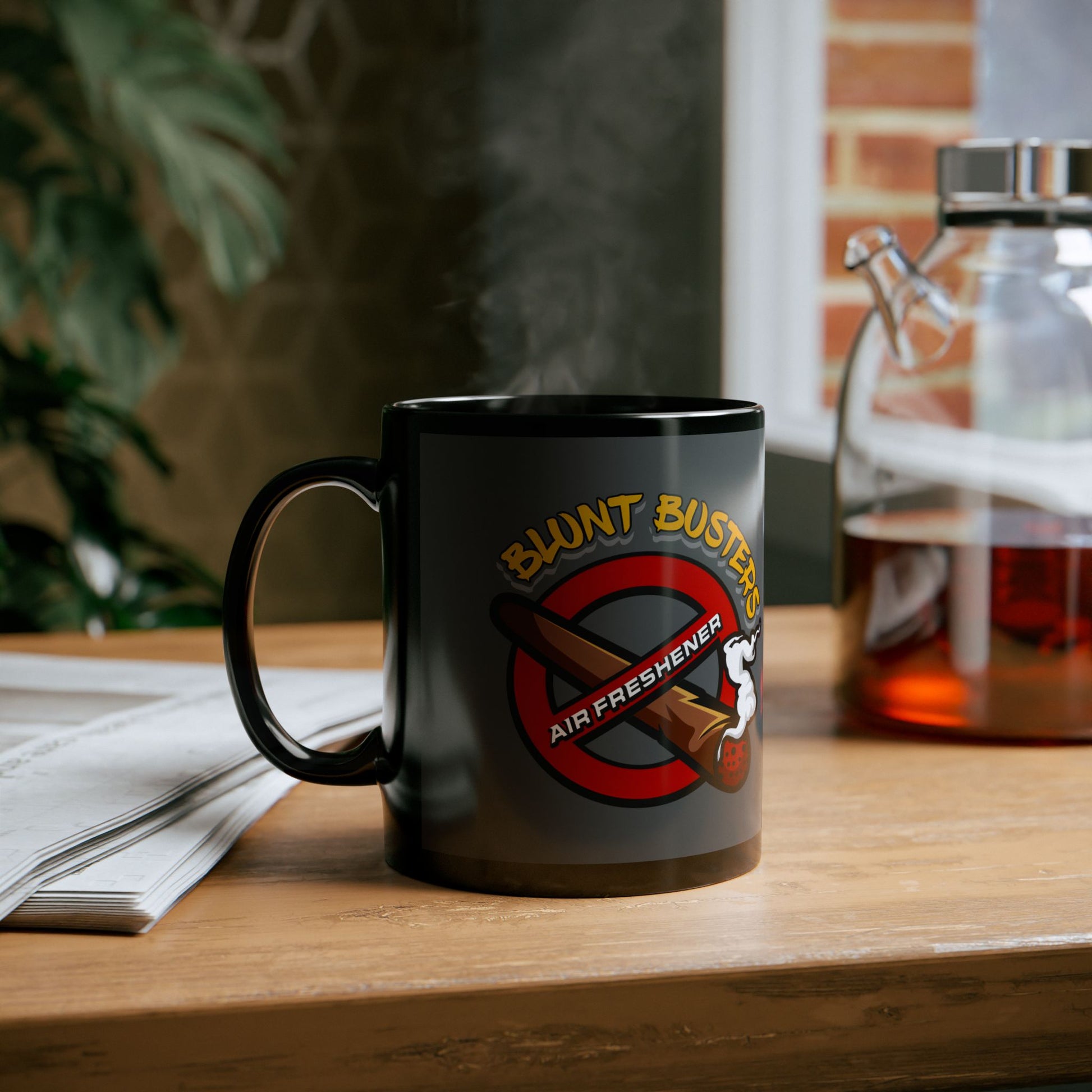 "Funny black mug with Blunt Busters air freshener design, quirky 420-friendly coffee cup."