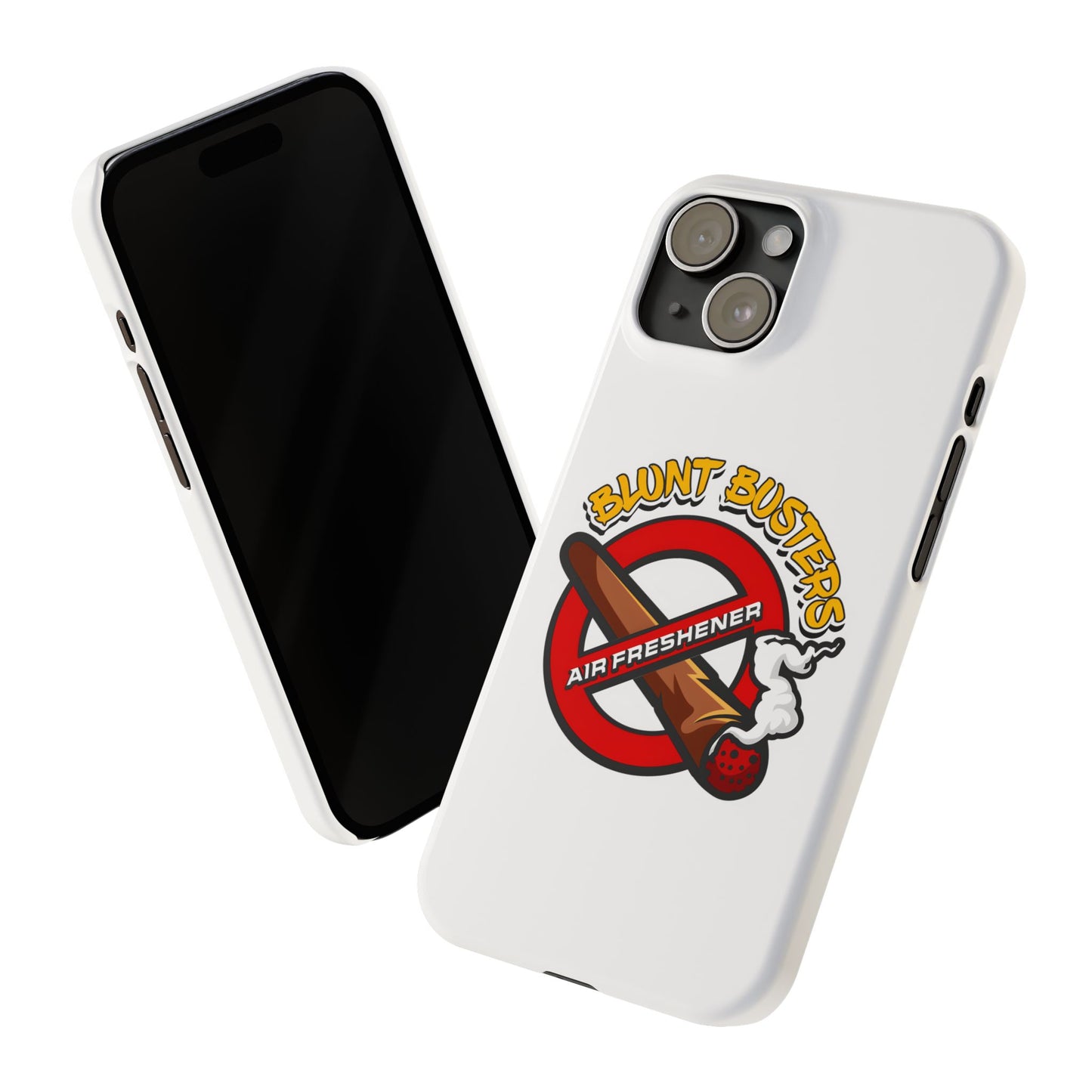 "Blunt Busters slim phone case, quirky air freshener design and fun gift for smokers."