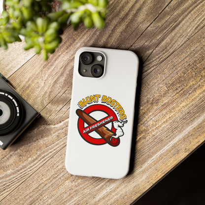 "Blunt Busters slim phone case, quirky air freshener design and fun gift for smokers."