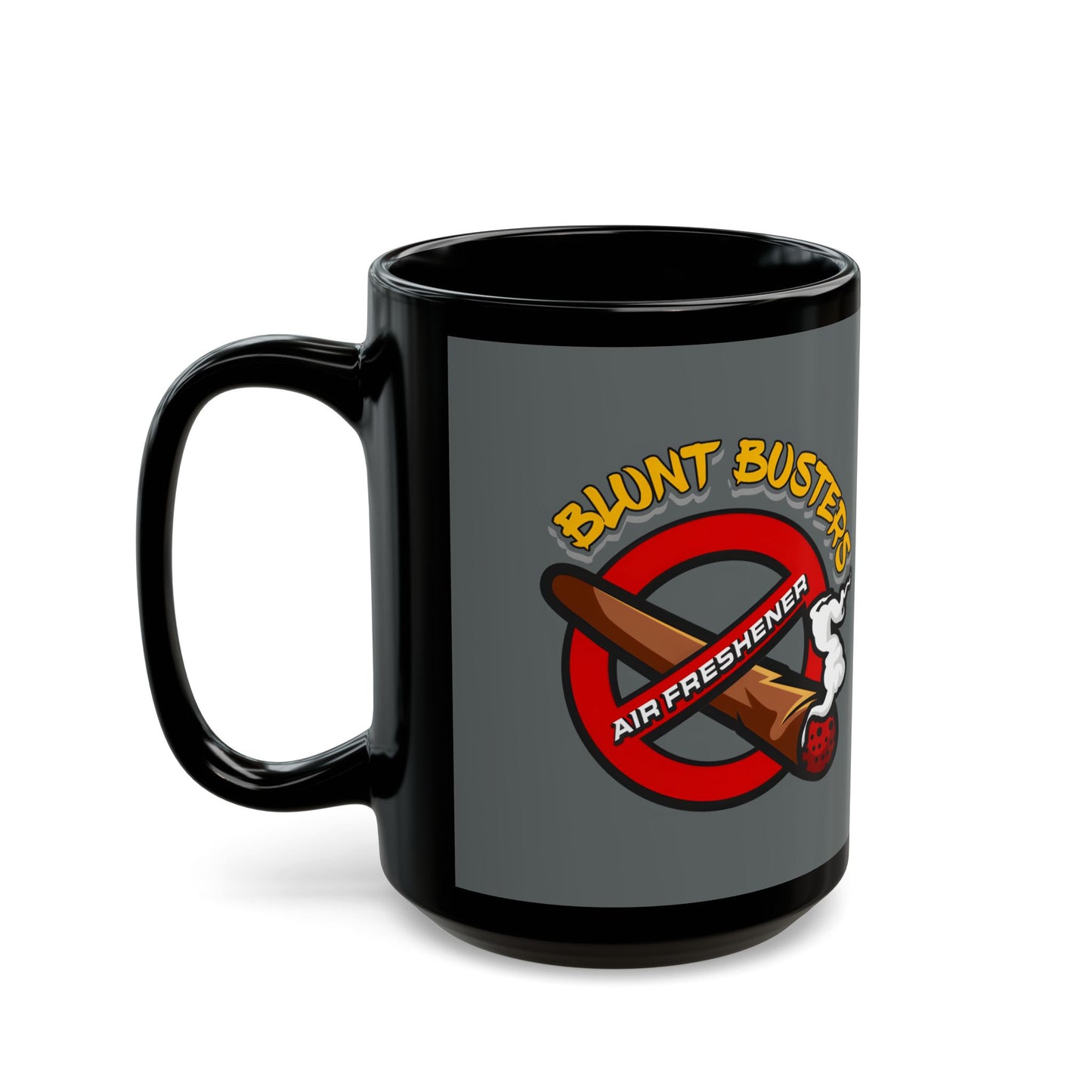 "Funny black mug with Blunt Busters air freshener design, quirky 420-friendly coffee cup."