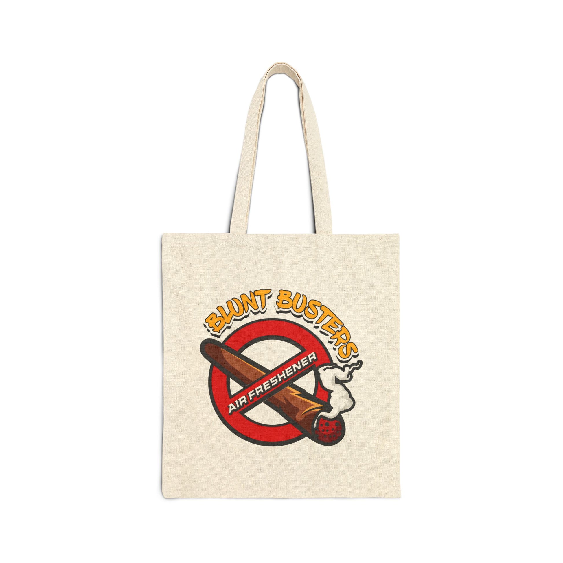 "Blunt Busters tote bag with funny cartoon design, reusable grocery or beach carryall."