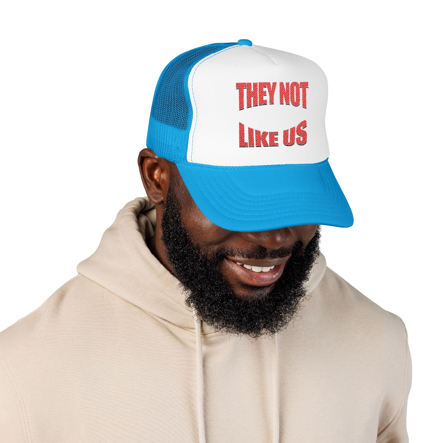 Foam trucker hat with 'THEY NOT LIKE US' embroidery, trendy casual cap for summer and outdoor events