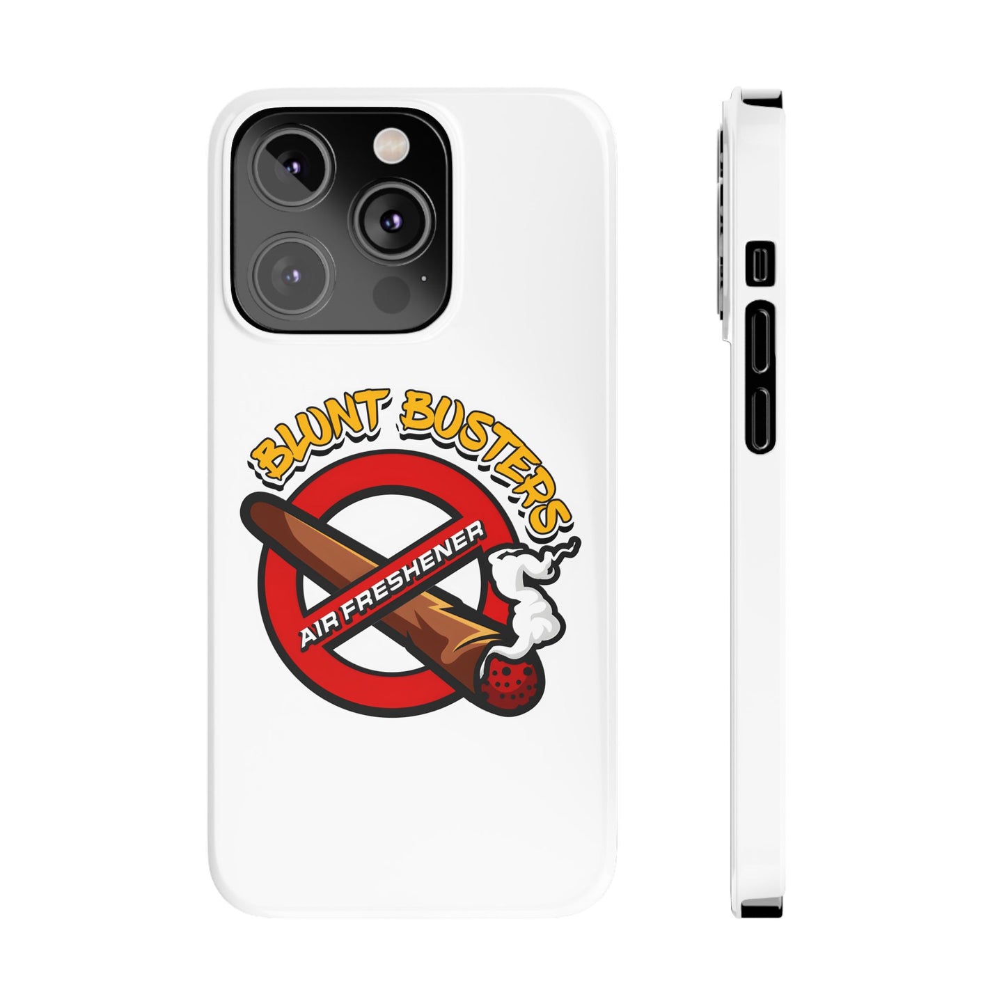 "Blunt Busters slim phone case, quirky air freshener design and fun gift for smokers."