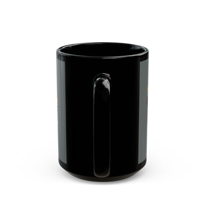 "Funny black mug with Blunt Busters air freshener design, quirky 420-friendly coffee cup."