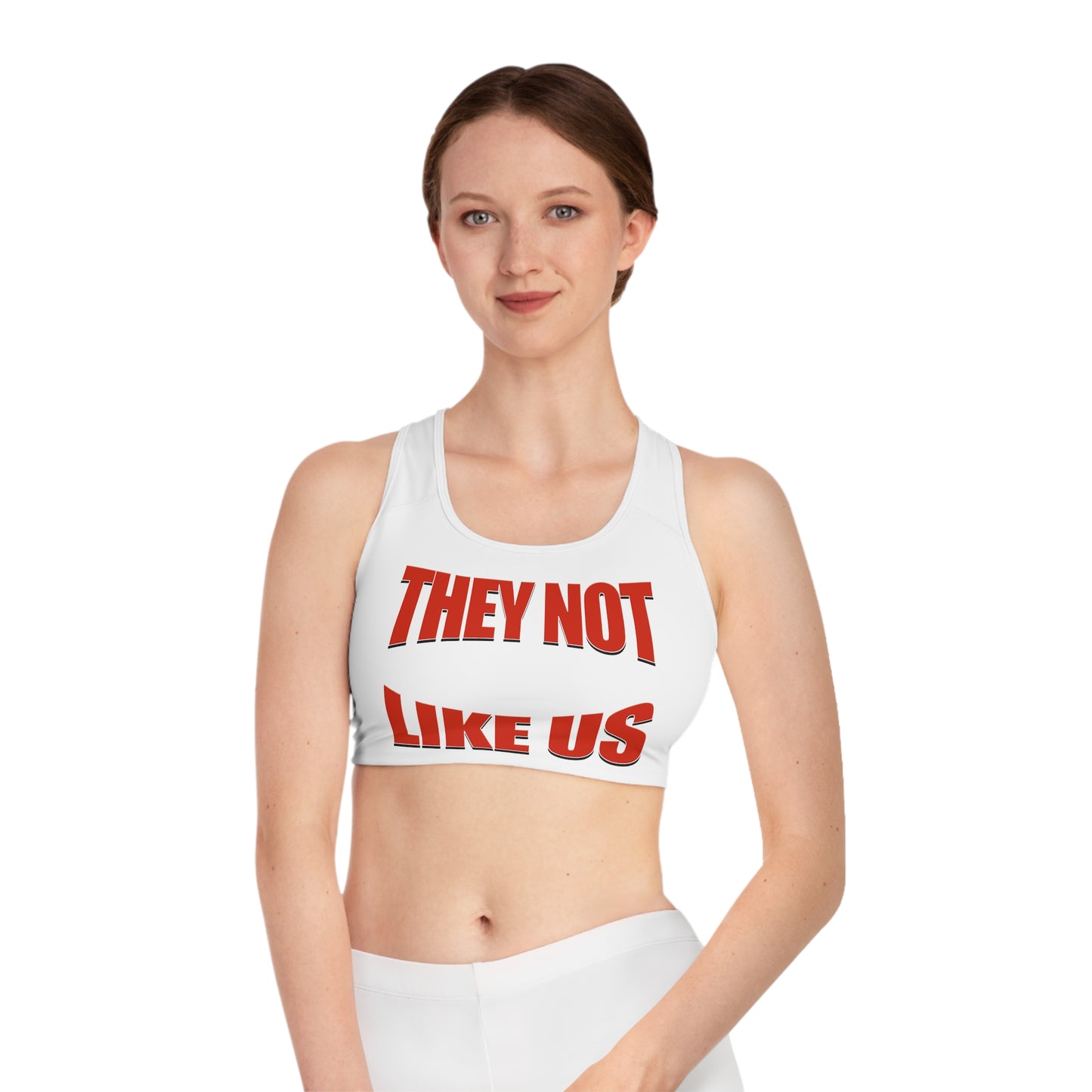 "They Not Like Us white high-waisted leggings, bold statement urban fit for casual or streetwear looks.