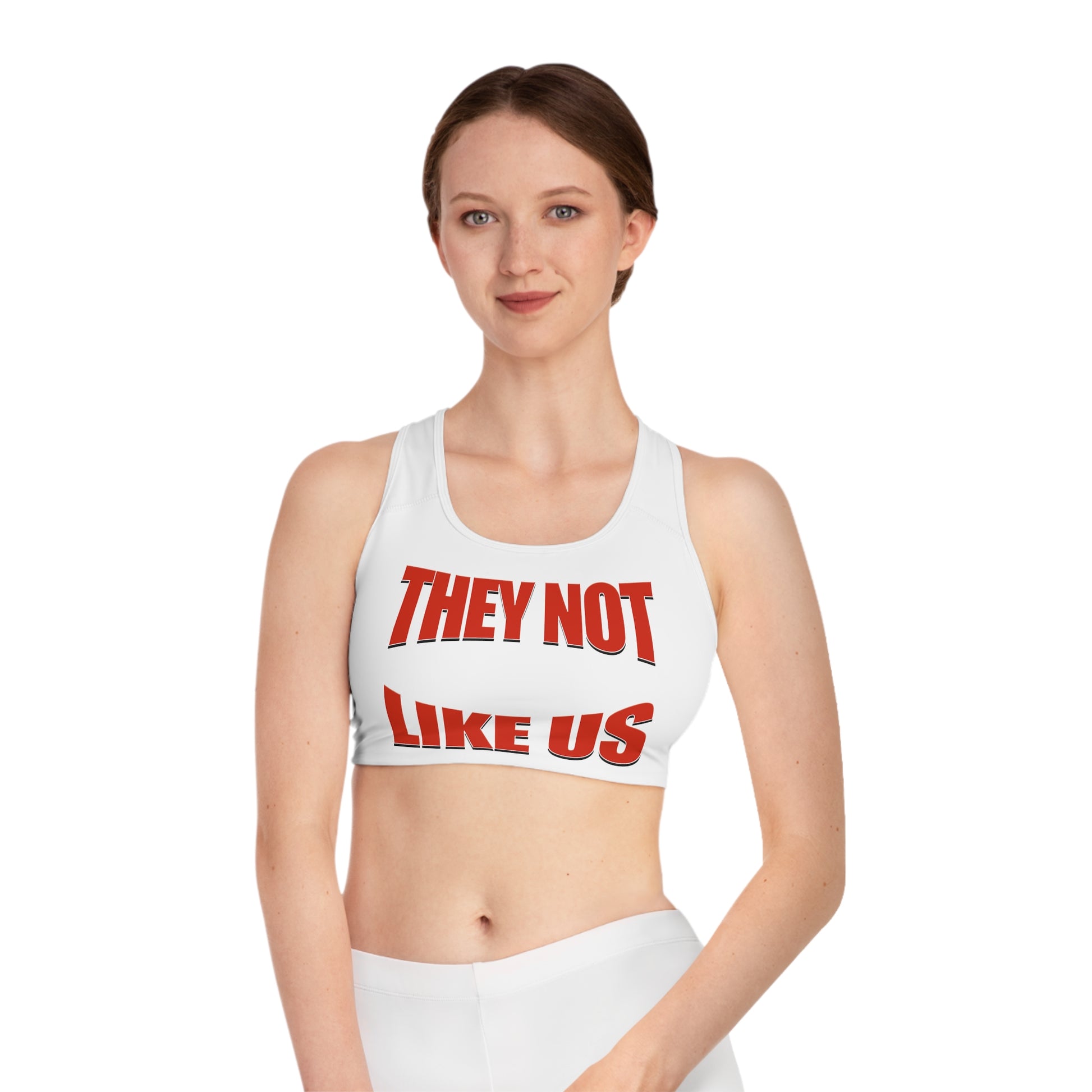 "They Not Like Us white high-waisted leggings, bold statement urban fit for casual or streetwear looks.