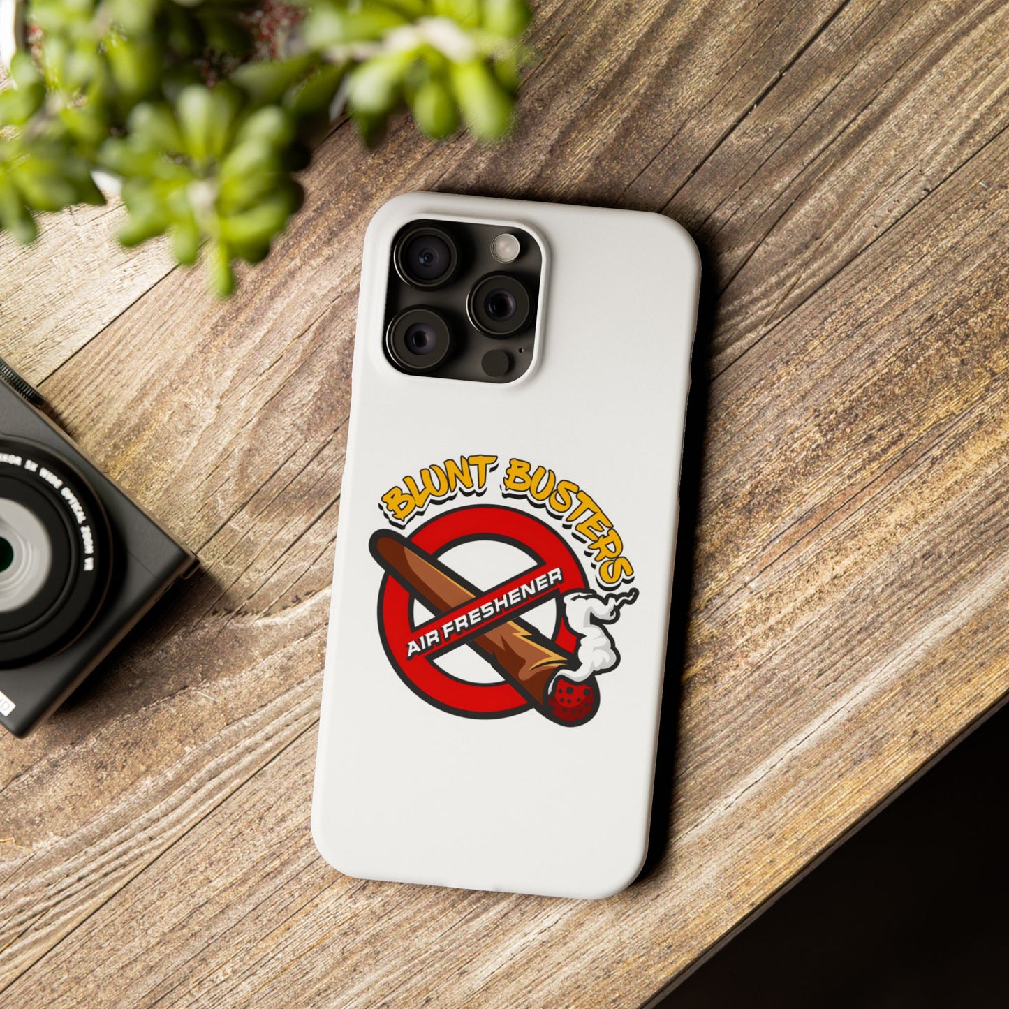"Blunt Busters slim phone case, quirky air freshener design and fun gift for smokers."
