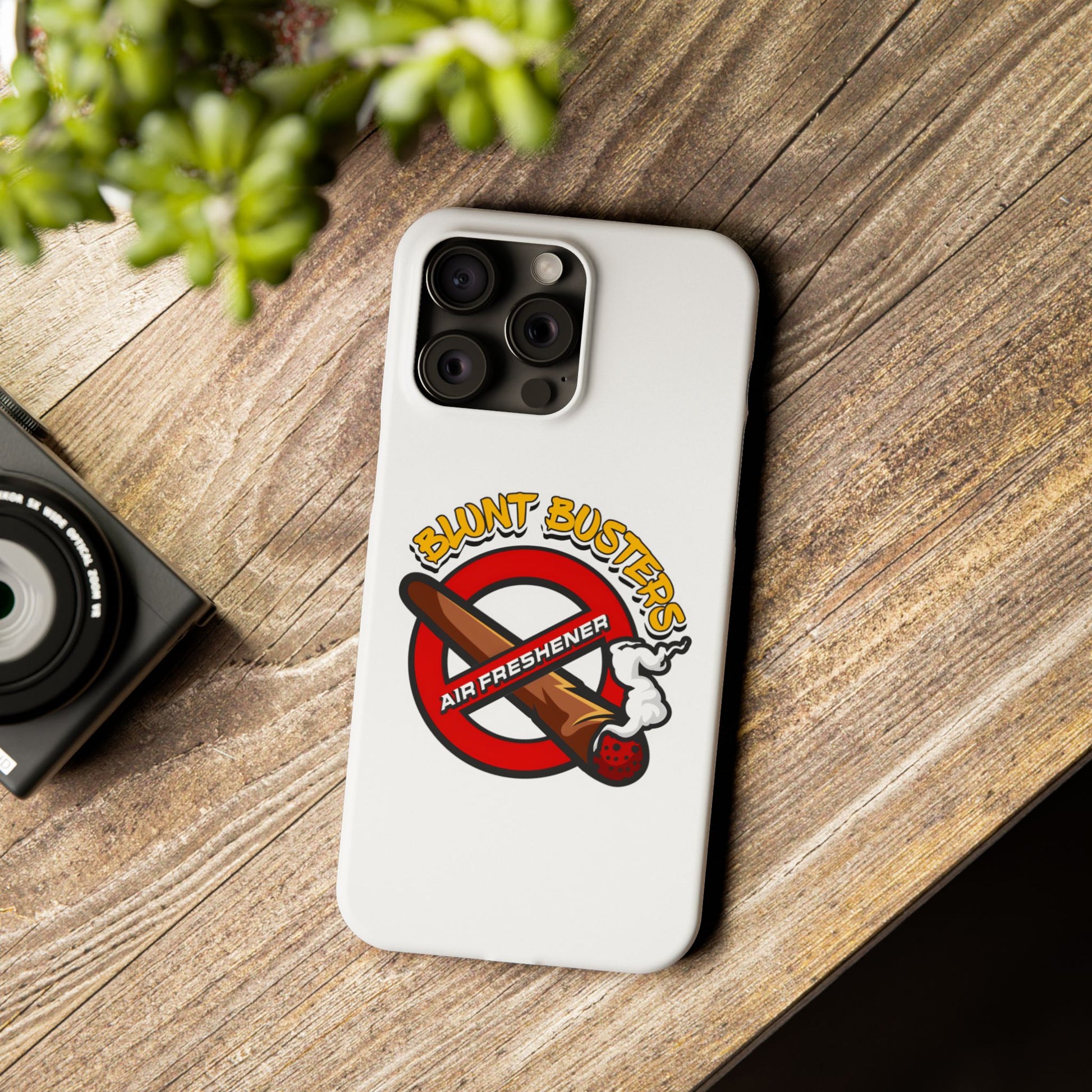 "Blunt Busters slim phone case, quirky air freshener design and fun gift for smokers."