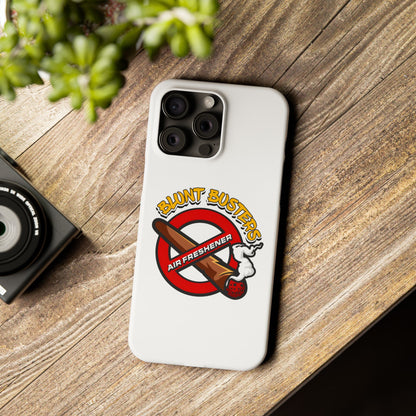 "Blunt Busters slim phone case, quirky air freshener design and fun gift for smokers."