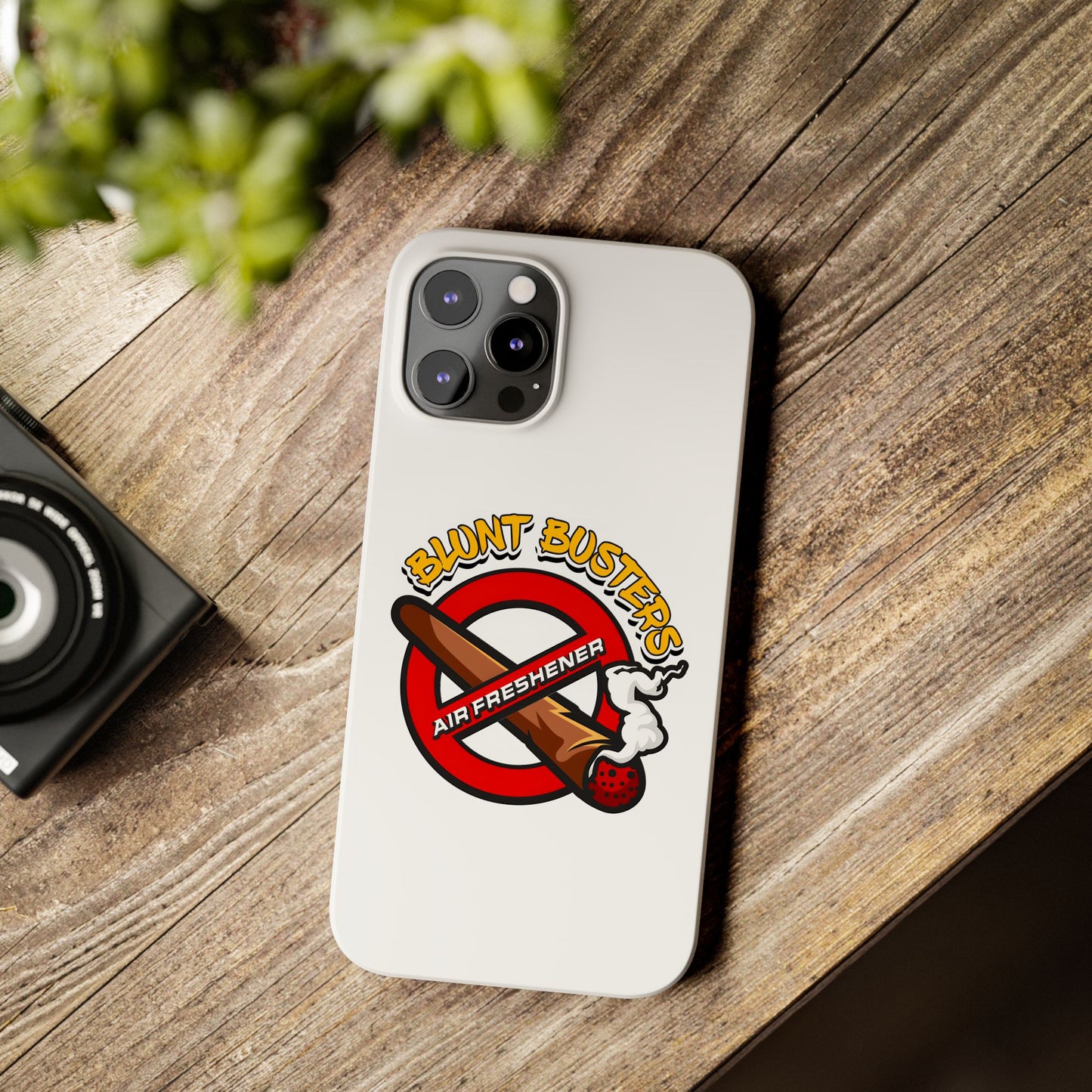 "Blunt Busters slim phone case, quirky air freshener design and fun gift for smokers."