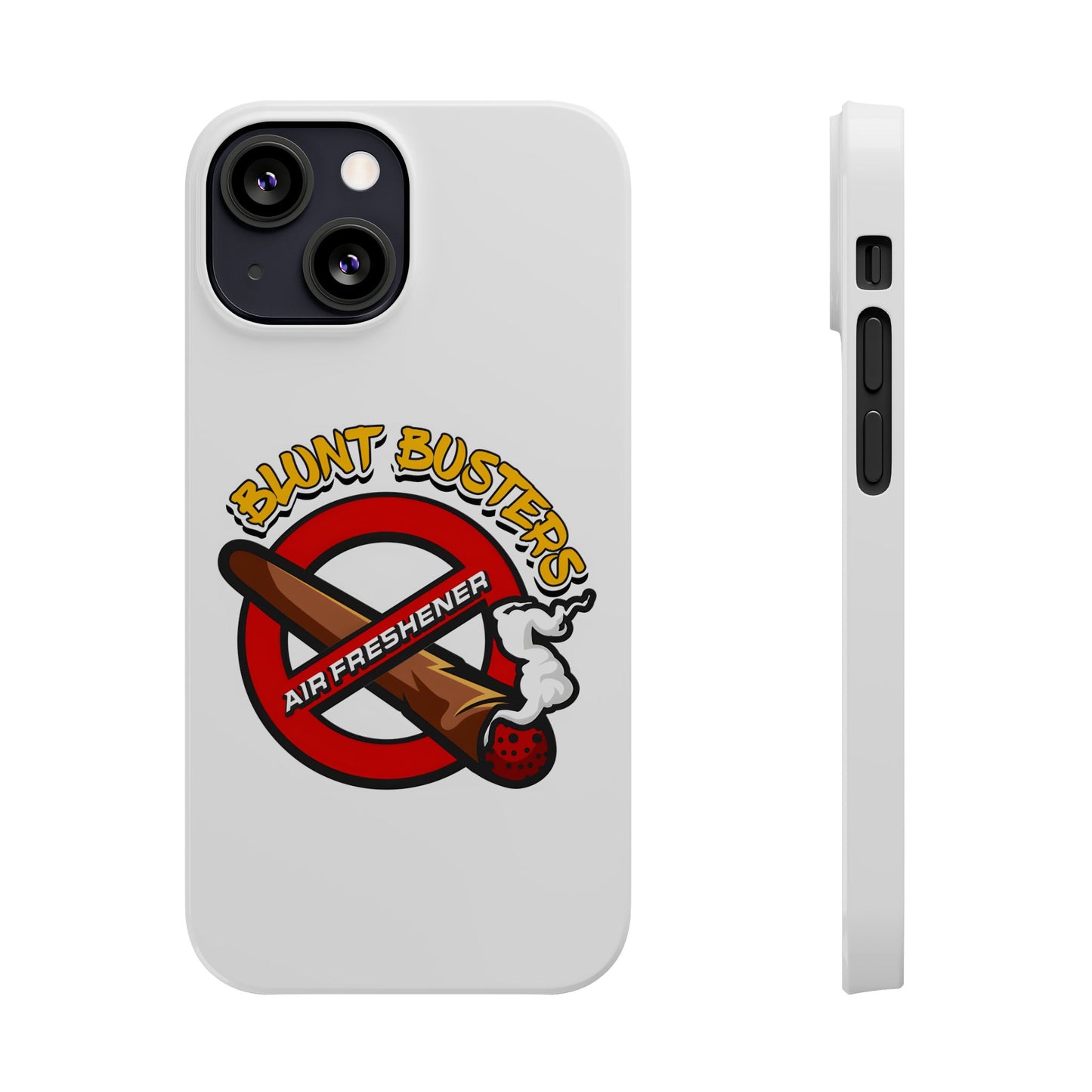 "Blunt Busters slim phone case, quirky air freshener design and fun gift for smokers."