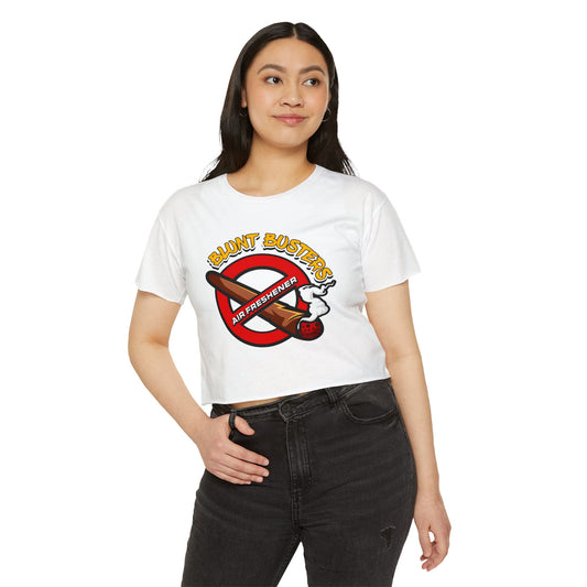 "Blunt Busters festival crop top, cute summer concert outfit with playful boho style.