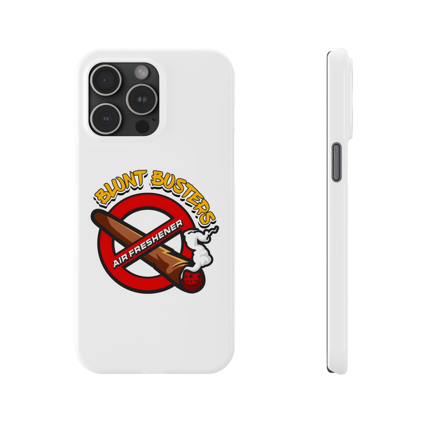 "Blunt Busters slim phone case, quirky air freshener design and fun gift for smokers."