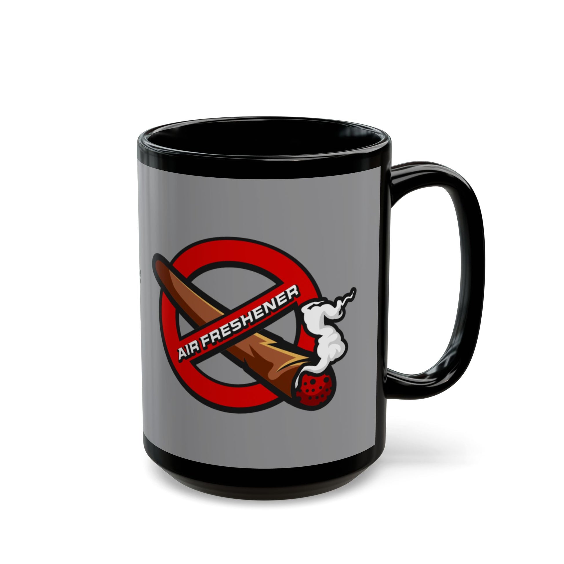 "Funny black mug with air freshener theme, quirky coffee cup for home, office, or gifting.