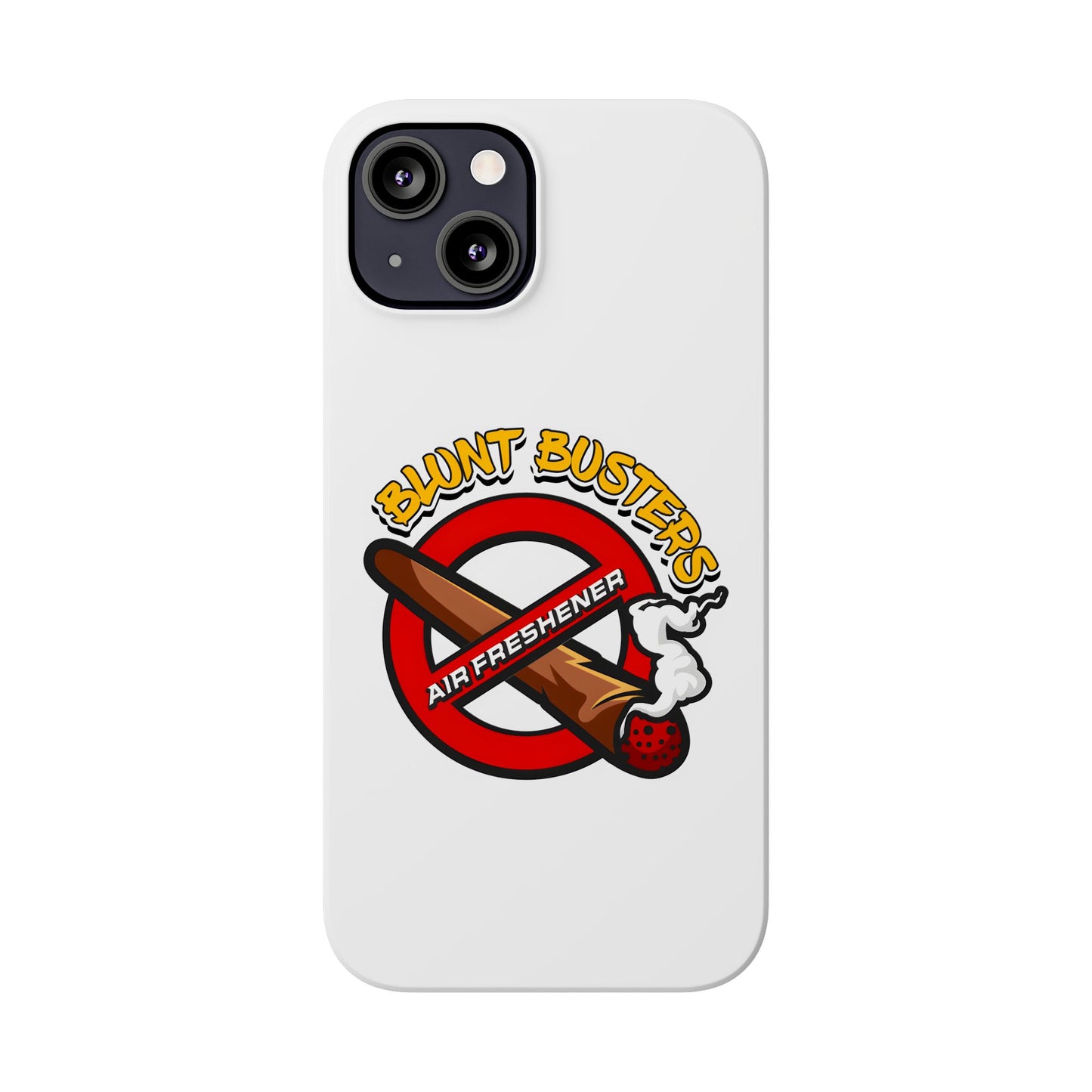 "Blunt Busters slim phone case, quirky air freshener design and fun gift for smokers."