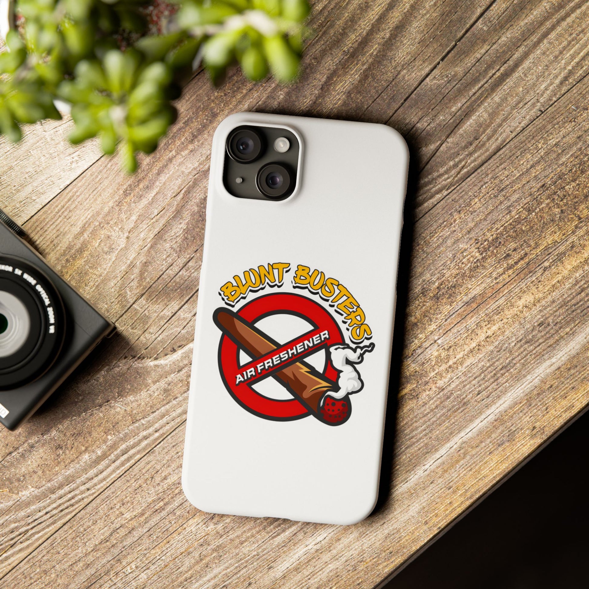 "Blunt Busters slim phone case, quirky air freshener design and fun gift for smokers."