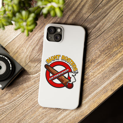 "Blunt Busters slim phone case, quirky air freshener design and fun gift for smokers."