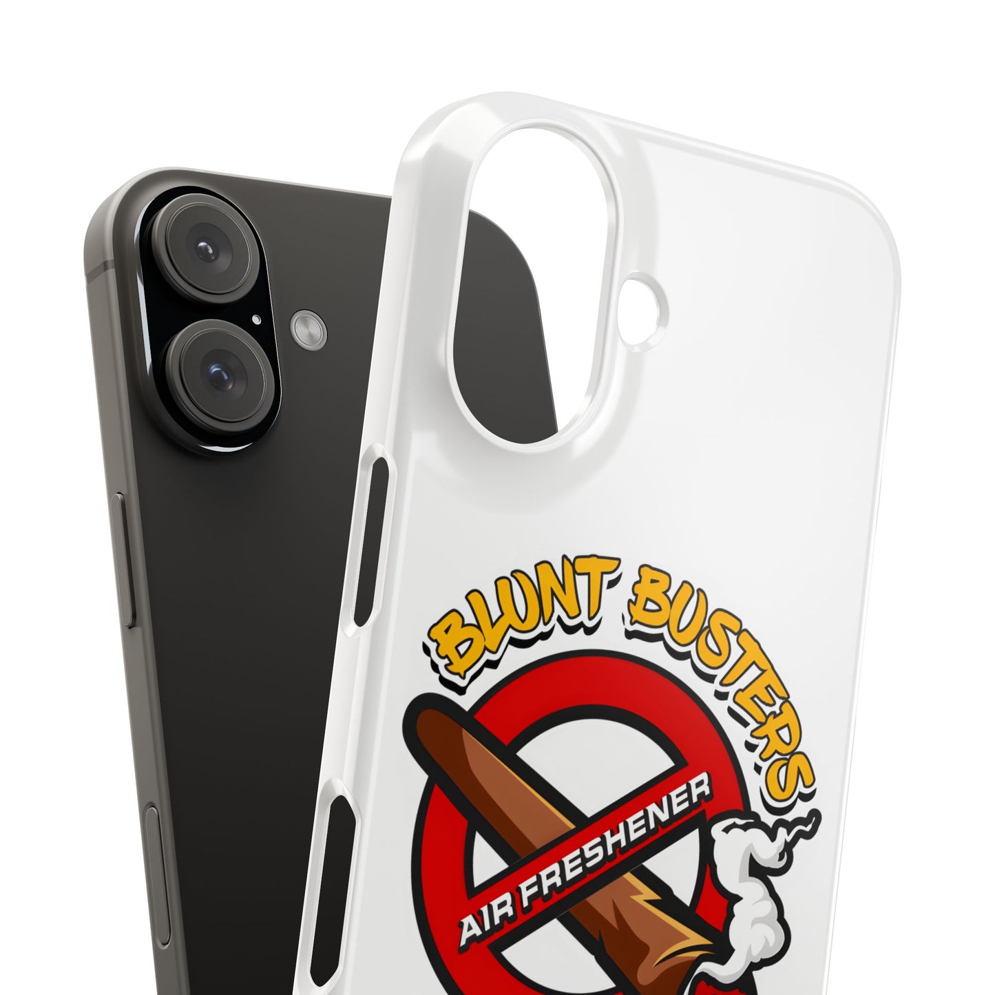 "Blunt Busters slim phone case, quirky air freshener design and fun gift for smokers."