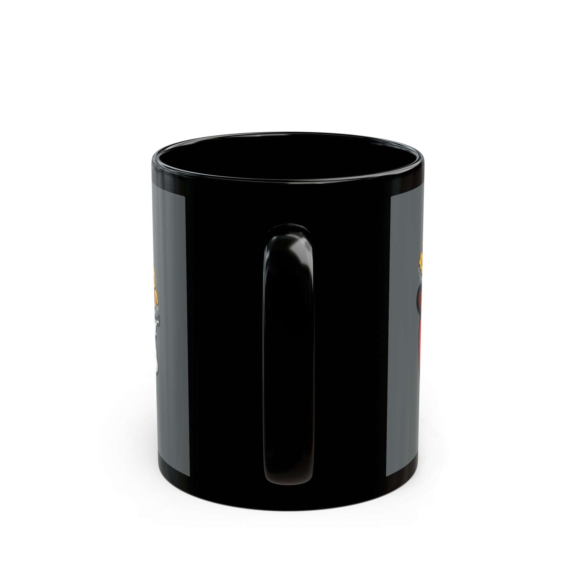 "Funny black mug with Blunt Busters air freshener design, quirky 420-friendly coffee cup."