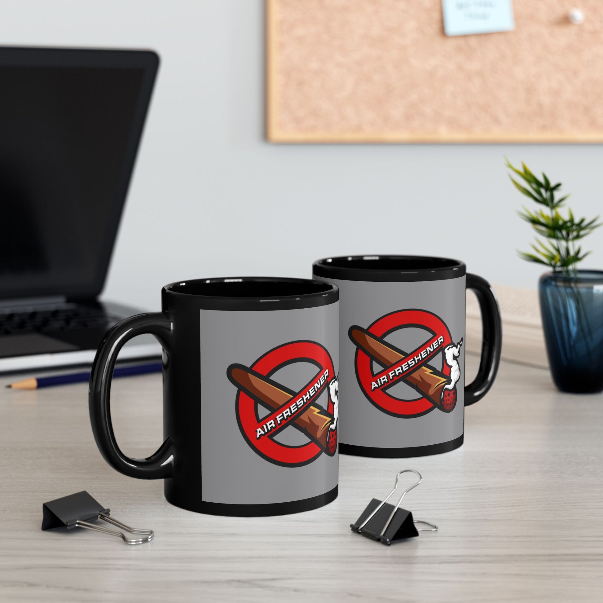 "Funny black mug with air freshener theme, quirky coffee cup for home, office, or gifting.