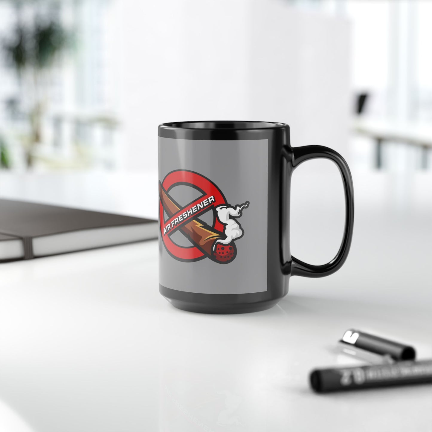 "Funny black mug with air freshener theme, quirky coffee cup for home, office, or gifting.