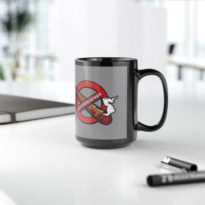 "Funny black mug with air freshener theme, quirky coffee cup for home, office, or gifting.