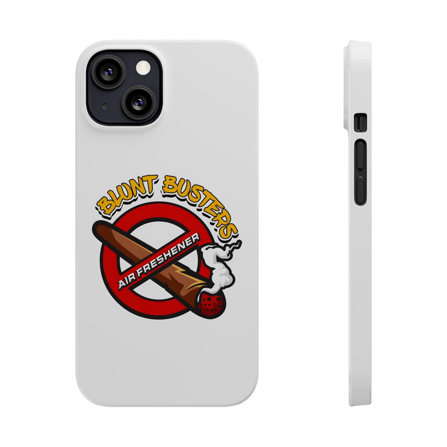 "Blunt Busters slim phone case, quirky air freshener design and fun gift for smokers."