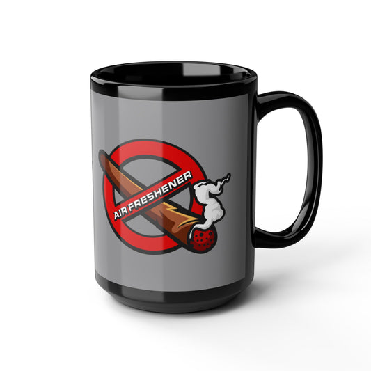 "Funny black mug with air freshener theme, quirky coffee cup for home, office, or gifting.