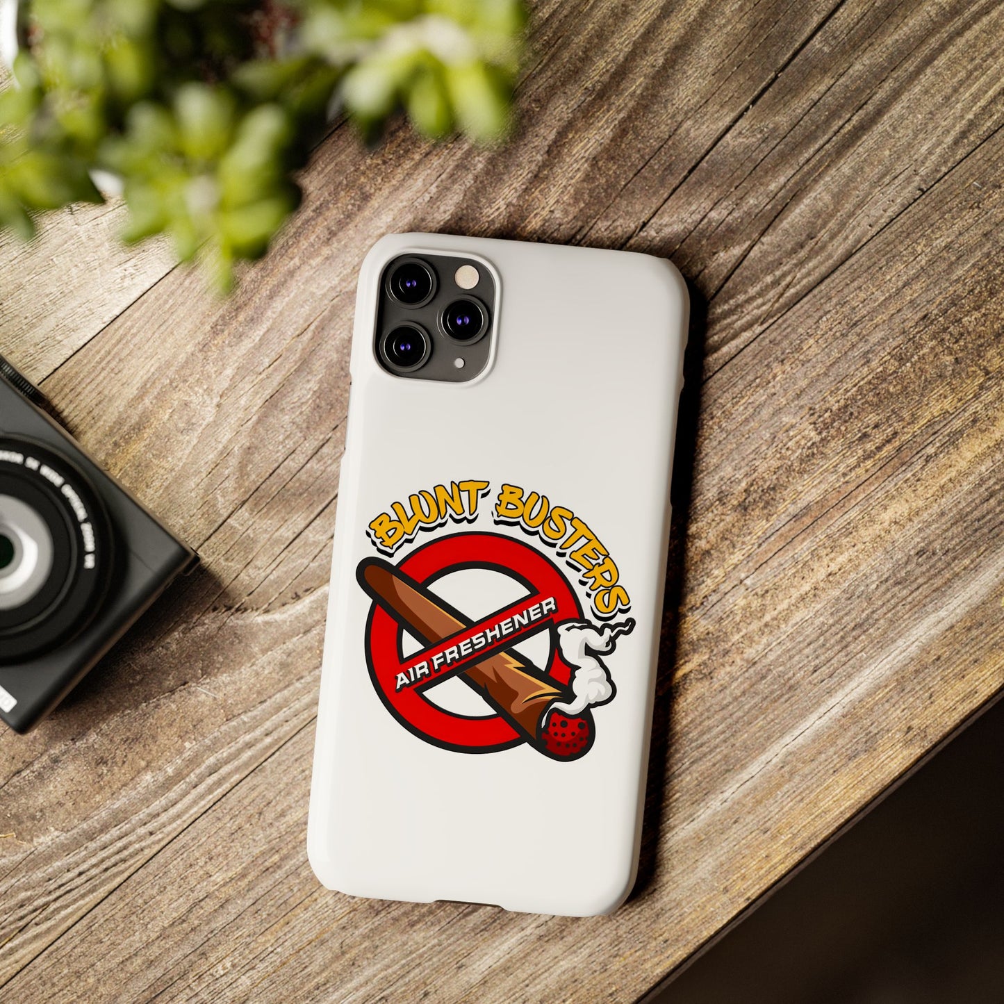 "Blunt Busters slim phone case, quirky air freshener design and fun gift for smokers."