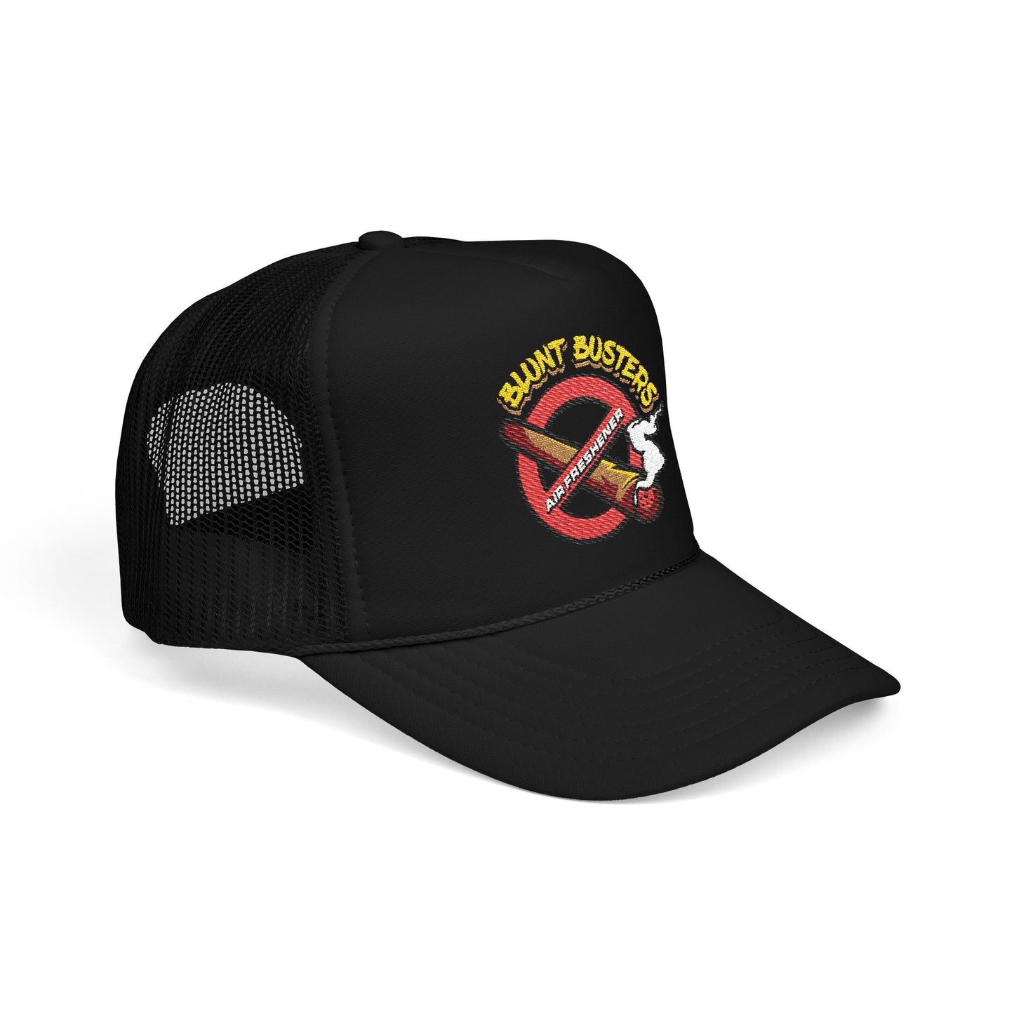 "Foam trucker hat with Blunt Busters embroidery, fun adjustable cap for festivals and casual wear."