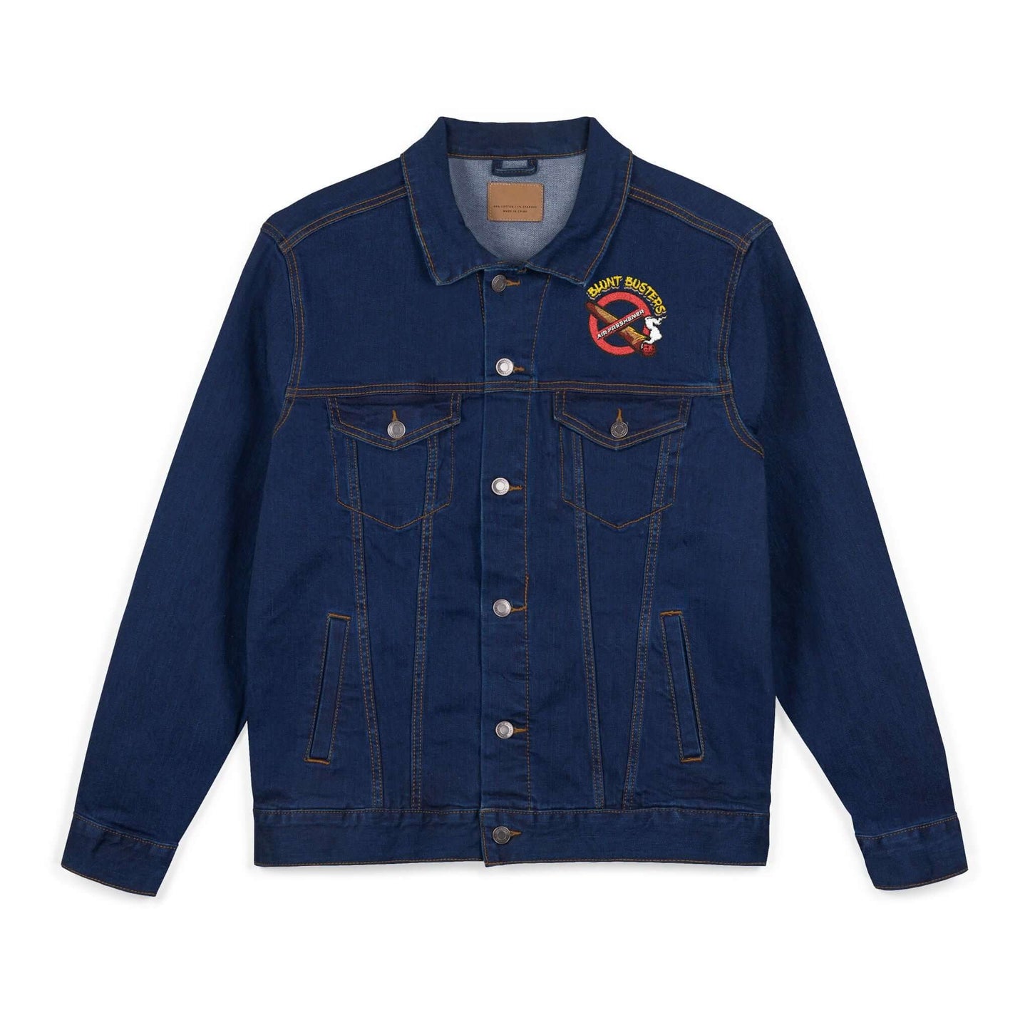 Vintage-style denim jacket with Blunt Busters embroidery