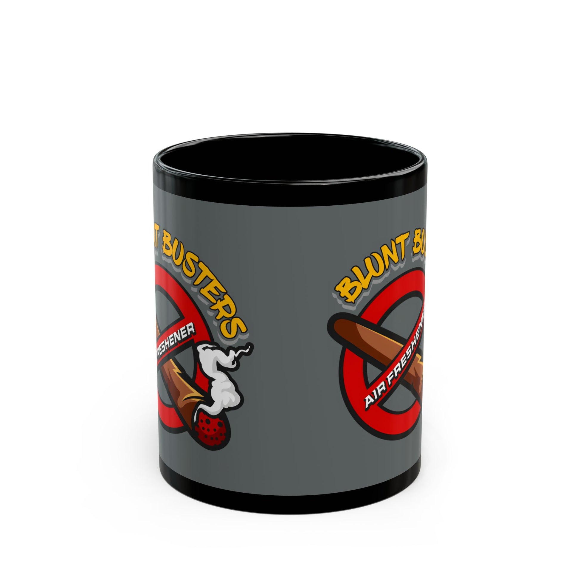 "Funny black mug with Blunt Busters air freshener design, quirky 420-friendly coffee cup."