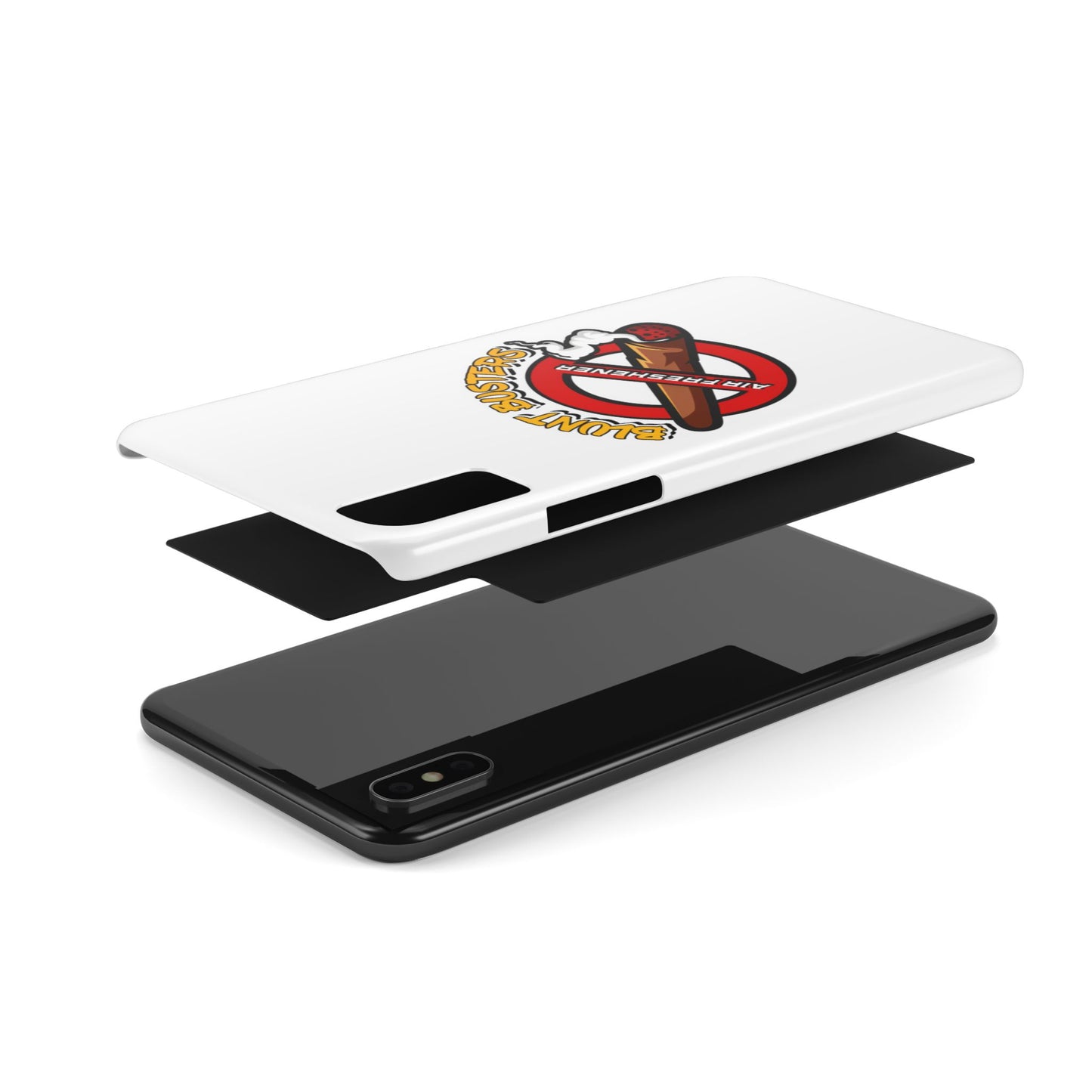 "Blunt Busters slim phone case, quirky air freshener design and fun gift for smokers."