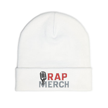 Rap Merch White Embroidered Knit Beanie, Hip Hop Accessory, Music Lover Gift, Streetwear Fashion, Winter Warmth, Trendy Headwear