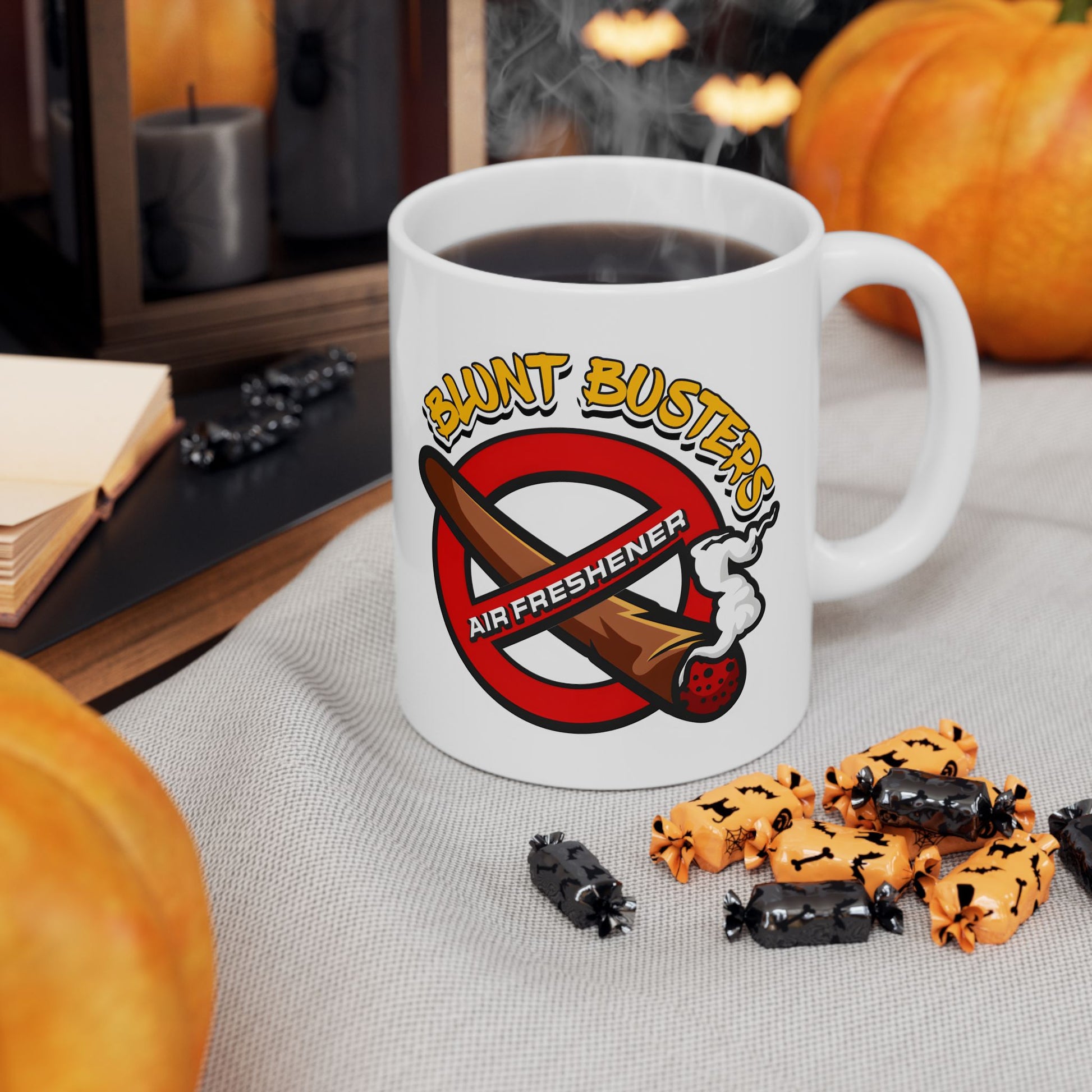 "Ghostbusters humor ceramic mug, funny coffee cup for fans, Halloween, or birthdays.